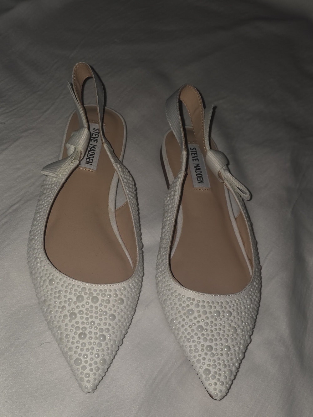 Steve Madden White Pointed Toe Pearl-Stud Slingback Flats